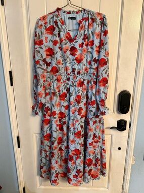 Pretty Garden Woman’s Floral Long Sleeve Midi Dress - Blue with Red Flowers